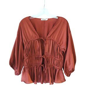Brick red ruched tie up vintage vibe blouse top